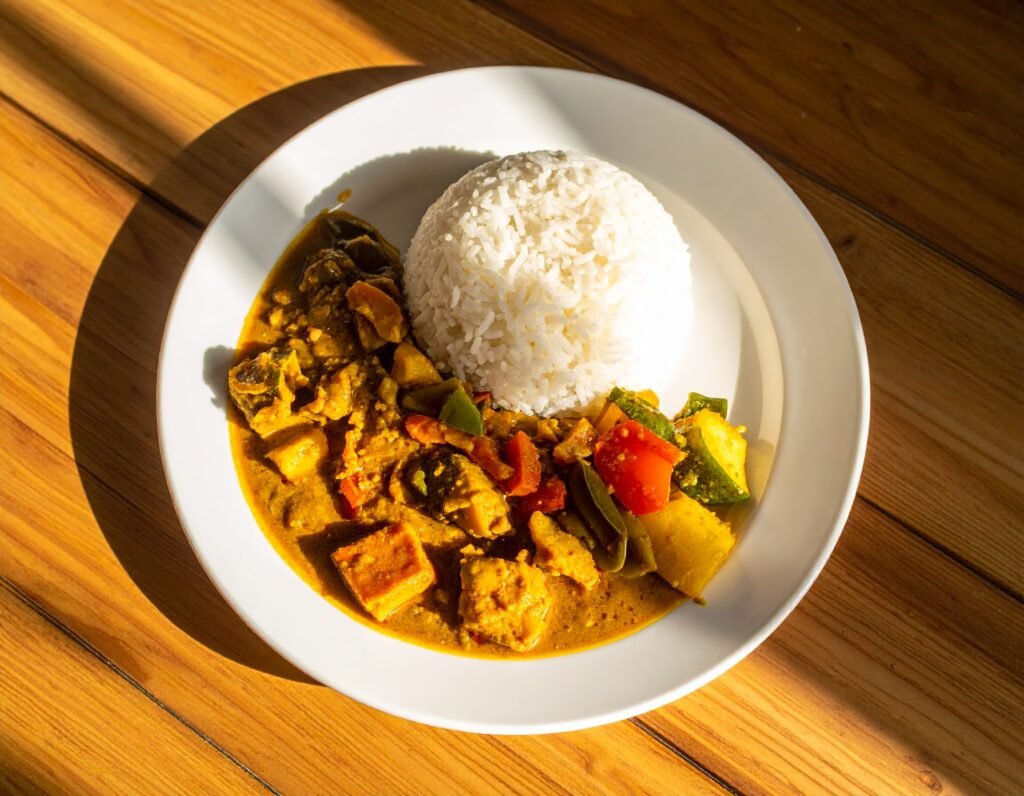 Malaysian curry with rice — the kind of home-cooked food I eat now