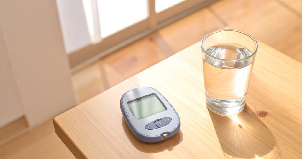 Blood glucose meter and water glass on wooden table