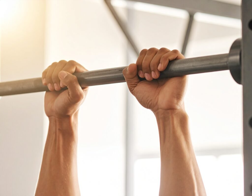 Man's hands gripping a machine bar while training at the gym after a stroke