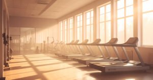 Empty gym with treadmills and weight machines in morning light