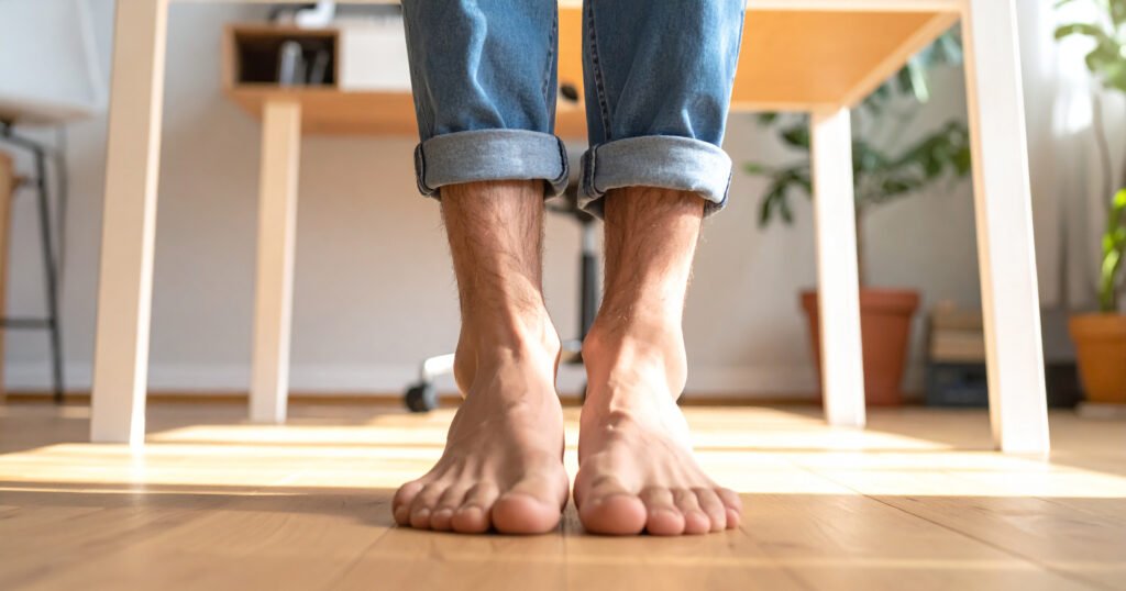 Bare feet flat on the floor beneath a desk in a seated position