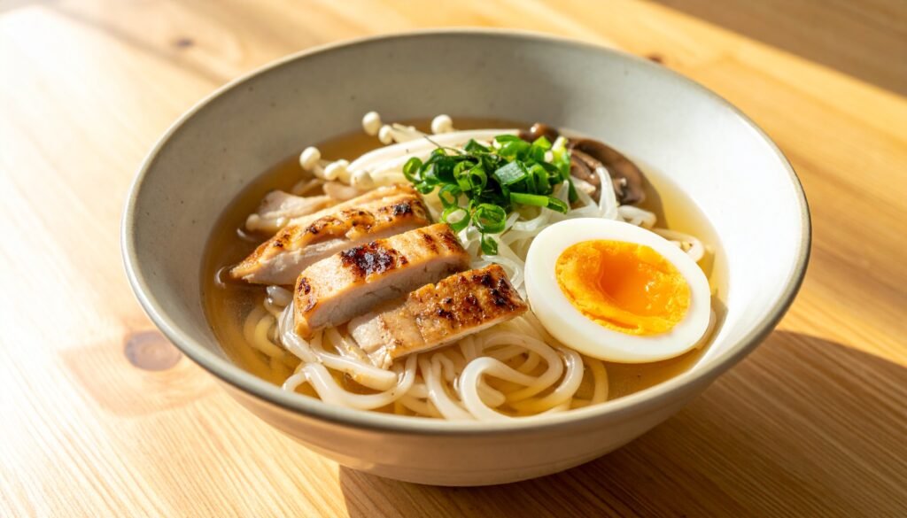 Bowl of konjac noodles with grilled chicken, egg and mushrooms